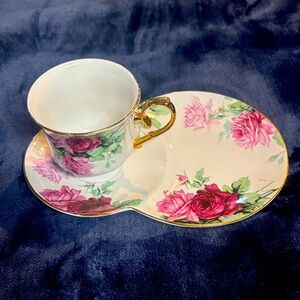 Floral Tea Cup and Saucer Set with Gold Accents
